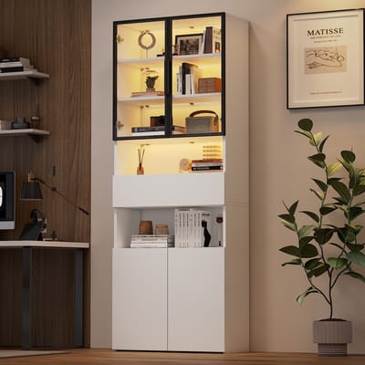 Wishdor Vitrinekast Met Glazen Deuren En Ledverlichting - Met Lade En Onderkast - Met 2 Open Vakken - Spaanplaat En Glas - Wit - 70 X 30 X 200 Cm