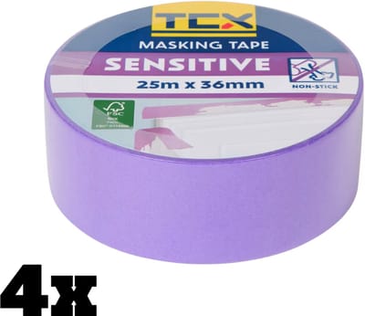 Sensitive Afplaktape 36mm x 25m – Set van 4 Rollen – Voor Gevoelige Oppervlakken – Schilderstape Paars