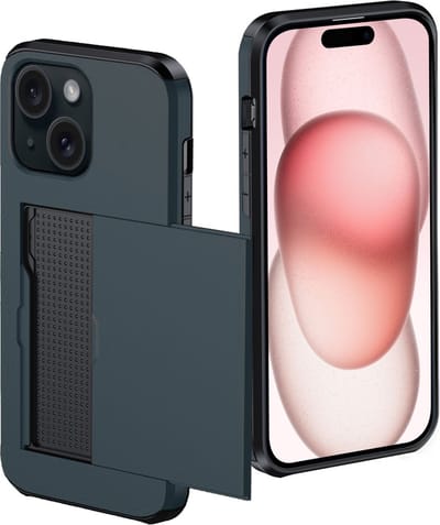 Hoes Geschikt voor iPhone 15 Hoesje Pasjeshouder Hard Cover Shock Proof Hard Case Hoes Met Kaarthouder - Donkerblauw