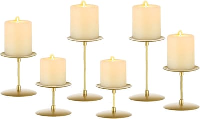 Decoratie Versiering Goud metalen kandelaars - set van 6 pijlerkaarsenstandaard, moderne thuis schoorsteenmantel decoratie - eettafel middelpunt voor bruiloft feest Advent kerst