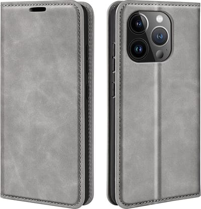MobyDefend Hoesje - Geschikt voor iPhone 15 Pro - Luxe Wallet Bookcase (Magnetische Sluiting) - Grijs