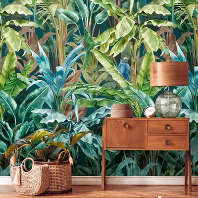 Fotobehang Profhome 391861-GU vliesbehang hardvinyl warmdruk in reliëf glad in jungle stijl mat groen turkooisblauw geel olijfgroen bruinbeige 1,59 m x 2,8 m