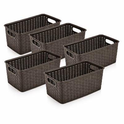 Opbergmand 5L Set van 5 – Mandjes Riet Look – Opbergmand Kunststof 28x15x13 cm – Opbergboxen en Kast Organizer – Opbergmand Kinderkamer en Speelgoed