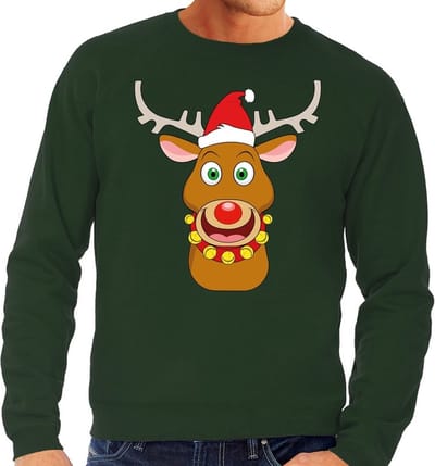 Foute kersttrui / sweater met Rudolf het rendier met rode kerstmuts groen voor heren - Kersttruien M