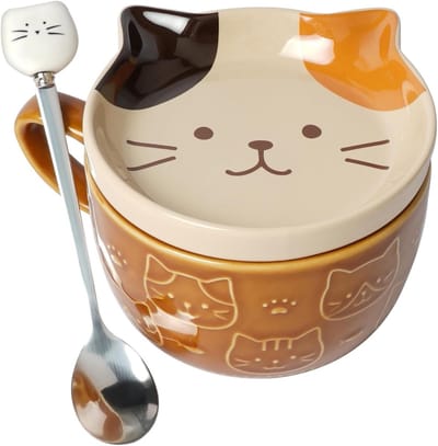 Schattige Kat Theemok met Deksel, Dieren Koffiemok van Keramiek, Inclusief Lepel - Perfect Cadeau voor Verjaardag, Vriendin en Dierenvrienden - Bruin