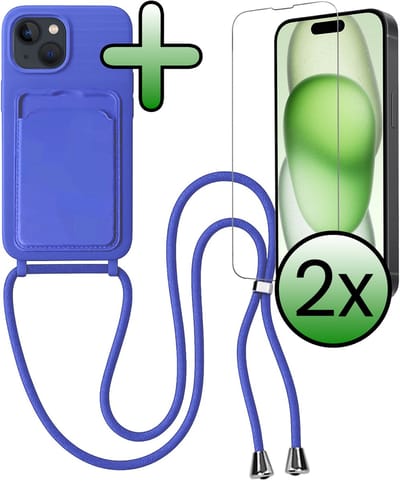 Hoes Geschikt voor iPhone 15 Plus Hoesje Pas Houder Case Hoes Met Koord Met 2x Screenprotector - Hoesje Geschikt voor iPhone 15 Plus Hoes Met Telefoonkoord Pasjeshouder Cover - Felblauw