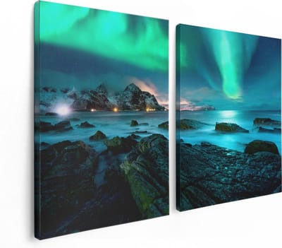 Artaza Canvas Schilderij Tweeluik Noorderlicht boven het Water bij Rotsen - 120x80 - Foto Op Canvas - Canvas Print