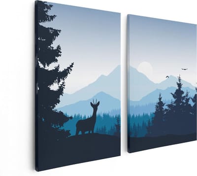Artaza Canvas Schilderij Tweeluik Hert In Het Bos - Silhouet  - 80x60 - Foto Op Canvas - Canvas Print