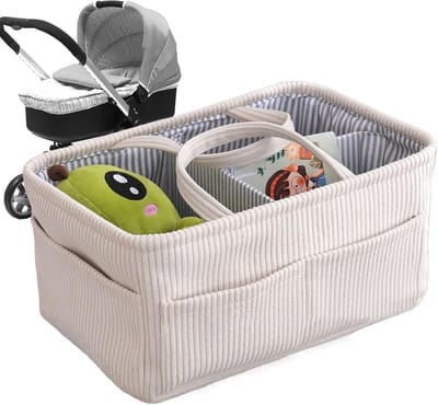 Luier Organizer Mand - Opbergtas Babykamer - Baby Verzorging Thuis - Duurzaam Ribfluweel Materiaal - 38x25x18 cm - Beige