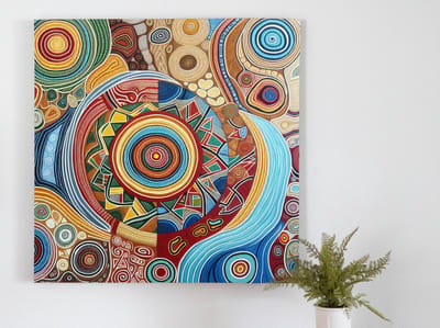 Olieverf aboriginal schilderij | Prachtige inheemse kunst op canvas met levendige olieverftechnieken | Kunst - 40x40 centimeter op Dibond | Foto op Dibond