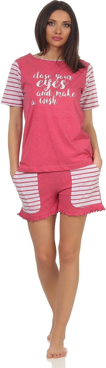 Casual damespyjama met korte mouwen in collegelook met opdruk en contrasterende mouwen
