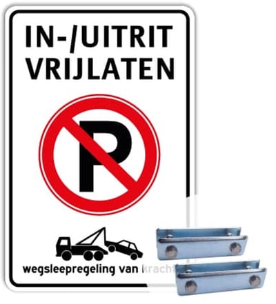 Bord in-/ uitrit vrijlaten - Verboden te parkeren - Weerbestendig Aluminium - 40x60 cm - Bevestiging: Met hekbeugels (voor spijlen- of gaashek)