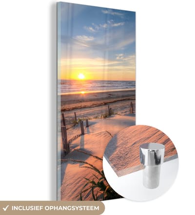 MuchoWow® Glasschilderij 60x120 cm - Schilderij acrylglas - Strand - Zee - Duin - Zonsondergang - Landschap - Foto op glas - Muurdecoratie woonkamer - Wanddecoratie slaapkamer - Schilderijen