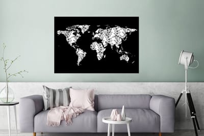 Aluminium schilderij 180x120 cm - Wanddecoratie metaal - Wereldkaart - Zwart - Wit - Bladeren - Metalen muurdecoratie woonkamer - Decoratie industrieel - Foto op dibond - Industriële accessoires slaapkamer