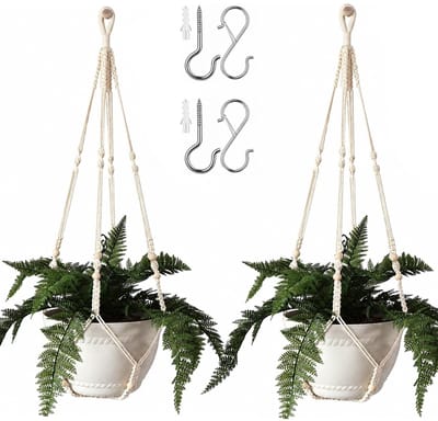 Macramé plantenhangers van 43 cm, groot voor maximaal 30 cm, extra lang met zware zwaaihaken, geen kwastje, katoenen touw, hangende plantenhouders (beige, set van 2 stuks)