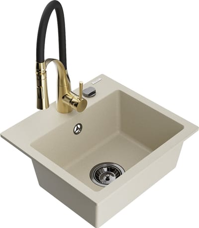 Mexen Milo granieten gootsteen met een enkele kom met Aster keukenkraan, beige - 6505-69-73450-57-B