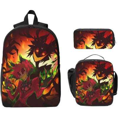 3-delige Hazbins Hotels Thema Rugzakset voor Meisjes Jongens Etui Sets Schooltas Sets met Lunchbox Voor School Studenten Daypack black