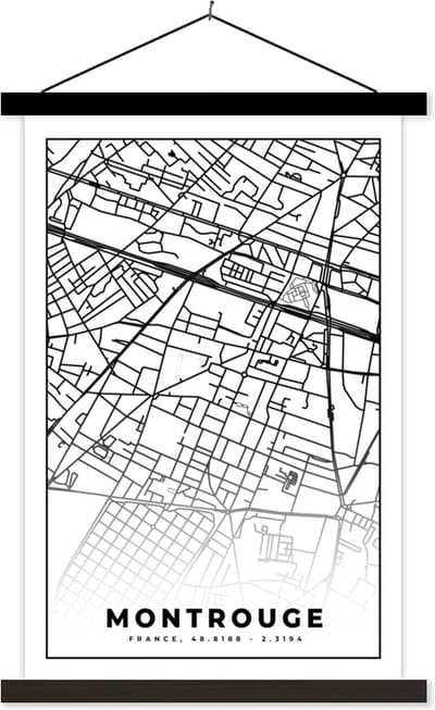 Posterhanger incl. Poster 40x60 cm - Schoolplaat - Stadskaart – Plattegrond – Montrouge - Kaart – Frankrijk - Zwart wit - Textielposter - Zwarte latten - Stadskaart