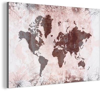 Aluminium schilderij 180x120 cm - Wanddecoratie metaal - Wereldkaart - Vintage - Rood - Metalen muurdecoratie woonkamer - Decoratie industrieel - Foto op dibond - Industriële accessoires slaapkamer