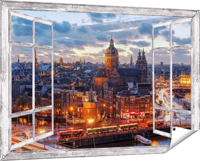 Gards Tuinposter Doorkijk Amsterdam Centrum Luchtfoto Zonsondergang - 150x100 cm - Tuindoek - Tuindecoratie - Wanddecoratie buiten - Tuinschilderij
