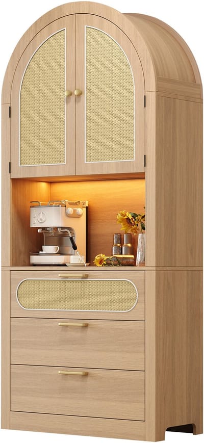 Modern gebogen vitrinekast 80 x 35 x 180 cm - opbergkast - met LED-verlichting - rieten deuren - met opbergvakken en lade - houtkleur