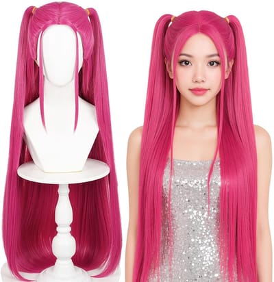 KZQ Pruik - Zeemeerminnenpruik in magenta - Pruik met twee staartjes - Roze rode damespruik + haarnetje - 100 cm - Geschikt voor podiumfeesten, cosplay en stripconventies