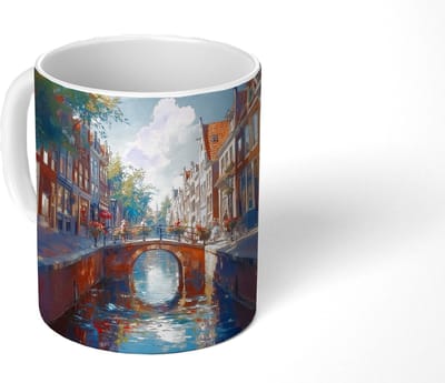 Mok - Koffiemok - Stad - Gracht - Zon - Fietsen - Mokken - 350 ML - Beker - Koffiemokken - Theemok
