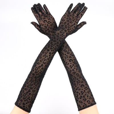 Sexy Luipaardprint Kant Gaas Lange Handschoenen Hoge Elasticiteit Dames Feest Halloween Cosplay Optreden Transparant Hol Ademend
