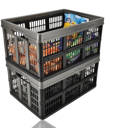 Vouwkrat 45 Liter – Set van 2 – Belastbaar tot 30 KG – Opvouwbare Kratten – Inklapbare Boodschappenkrat – Verhuisdoos Alternatief – Stapelbaar – 53,1 x 37 x 27 cm – Zwart