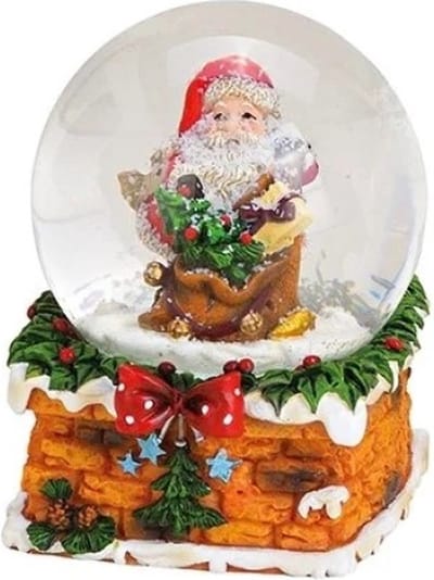 Sneeuwbol schoorsteen strik met cadeau en kerstboom 9cm hoog