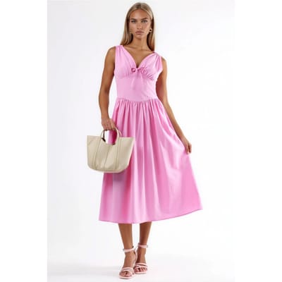 V-hals Midi Jurk met Strik Detail