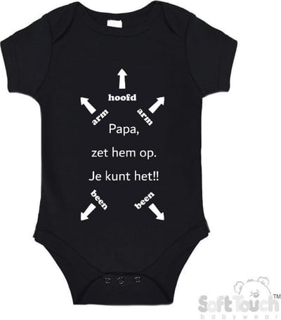 100% katoenen Romper "Papa, zet hem op. Je kunt het!!" + Hoofd Unisex Katoen Zwart/wit Maat 62/68