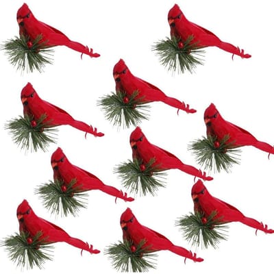 10 Stuks Kunstmatige Vogel Simulatie Schuimvogel met Pijnboomtakjes Rood Kunstvogel Decor met Klem red