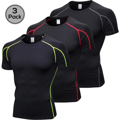 Lixada Pak van 3 Heren Korte Mouw Compressieshirt Sneldrogend Hardlopen Combo BM black