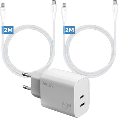 Phreeze usb C oplaadset 40 W geschikt voor iPhone 14 13 12 11 X XR XS Max Pro Mini Plus en iPad met Lightning kabel - Dual port snellader met 2 kabels 2 meter