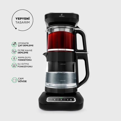 Karaca Çaysever Robotea Pro - 4 in 1 Sprekend Automatisch Theezetapparaat met Glas, Waterverwarmer en Filter Koffiezetapparaat 2500W - Zwart Chroom
