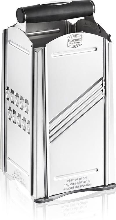Börner Combi Chef - Professionele vierkante rasp - Inclusief beschermkap & Interne opvangbak - 4 snijvlakken - BPA-vrij en Roestvrij - Inox/Zwart