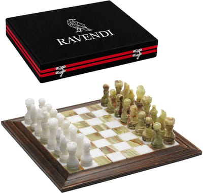 Ravendi Smaragd – Luxe Marmeren Schaakset – Met Houten Randen – Handgemaakt Decoratief Schaakbord met Schaakstukken – 31x31 cm – Onyx Stone Chess Set – Premium Schaken – Schaakspel – Met Luxe Opbergsysteem – Home Decor – Ideaal cadeau