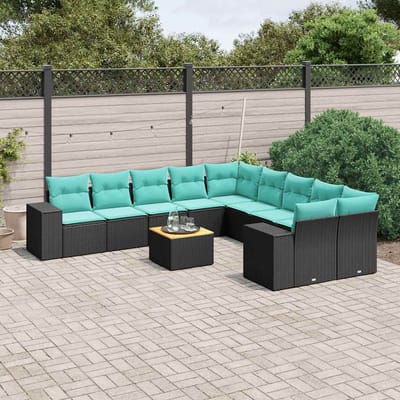 vidaXL - 11-delige - tuinbankset - met - kussens, - zwart - polyrotan