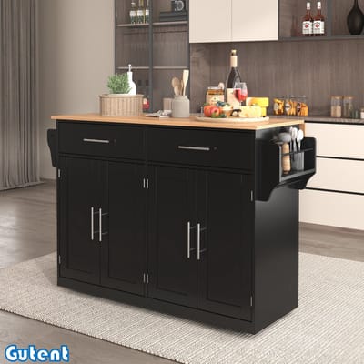 Gutent Eetkamerwagen - met opklapbaar tafelblad - 120x46(70)x91 cm - Zwart- met wielen en verwisselbare houten poten