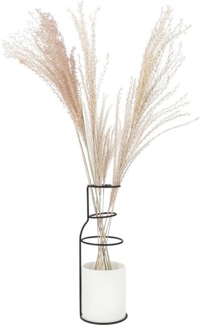 QUVIO Vaas - Keramiek - Met metalen frame - Vaasje - Vaasjes - Decoratie - Bloemenvaas - 8 x 8 x 24 cm (lxbxh) - Wit - Zwart