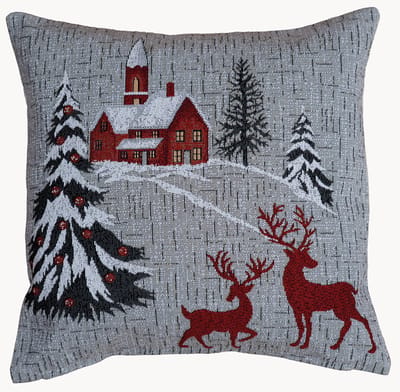 Kussenhoes - Gobelinstof - Kerst - Grijze ondergrond met Kerkje- Kersbomen en herten - 40 x 40 cm