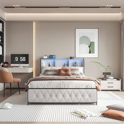 Tweepersoonsbed 140 x 200 cm met USB-laders en LED-verlichting - Beige