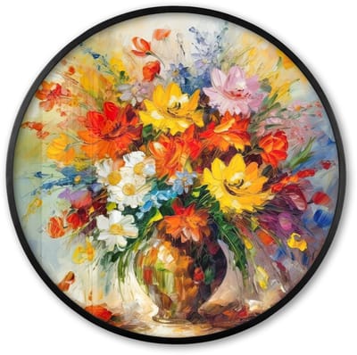 Poster in lijst Rond - Fotolijst 60x60 cm - Posters - Bloemen - Kleurrijk - Olieverf - Bloempot - Ronde posterlijst zwart - Decoratie - Wanddecoratie woonkamer - Muurdecoratie slaapkamer