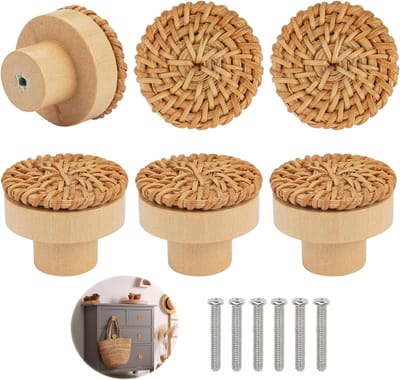 Set van 6 Vintage Rieten Meubelknoppen - Houten Deurklinken voor Kasten, Lades en Keukens - Inclusief Schroeven voor Eenvoudige Montage