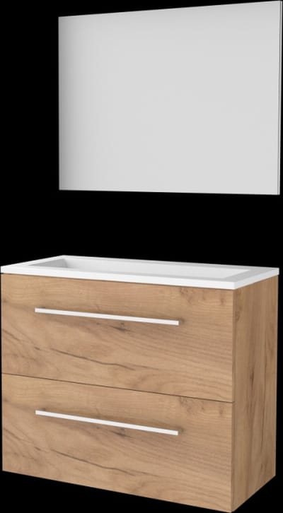 Basic-Line Basic 39 Badkamermeubelset - Ondiep - 80 x 39 cm - Met Grepen - 2 Lades - Acryl Wastafel - Zonder Kraangat - Spiegel - Whisky Oak