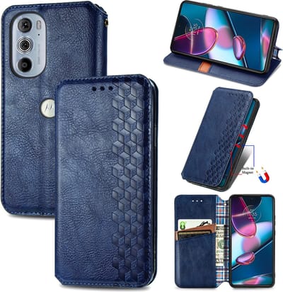 Luxe PU Lederen Ruitpatroon Wallet Case + Glas Screenprotector voor Edge 30 Pro _ Blauw