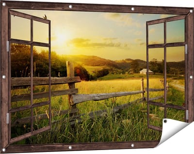 Gards Tuinposter Doorkijk Boerderij Hekken op het Grasveld - 120x80 cm - Tuindoek - Tuindecoratie - Wanddecoratie buiten - Tuinschilderij