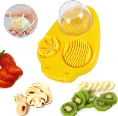 3-in-1 eiersnijder geel | eiersnijder voor hardgekookte eieren | stevige RVS eiersnijder | vaatwasbestendig | keukengadget | geschikt voor aardbei, appel, banaan, kers, tomaat, witte eieren, salades, fruit en groenten|Cyslmuk®