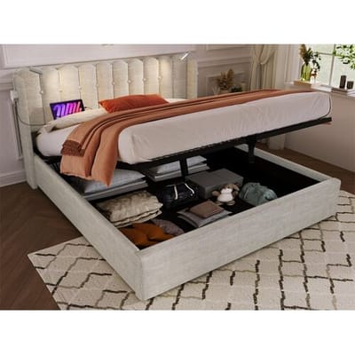 ModernLuxe Gestoffeerd opbergbed met LED en USB oplaadpoorten - 160x200cm - linnen stof - met lattenbodem - Beige